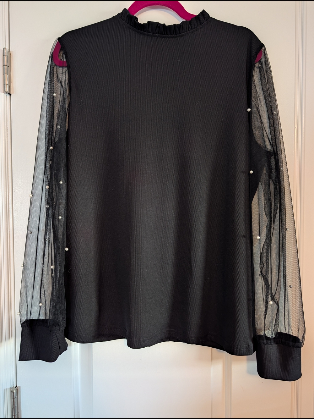 Black Mock Neck Blouse With Sheer Pearl-Sleeve Size XL NWT - Picture 6 of 13